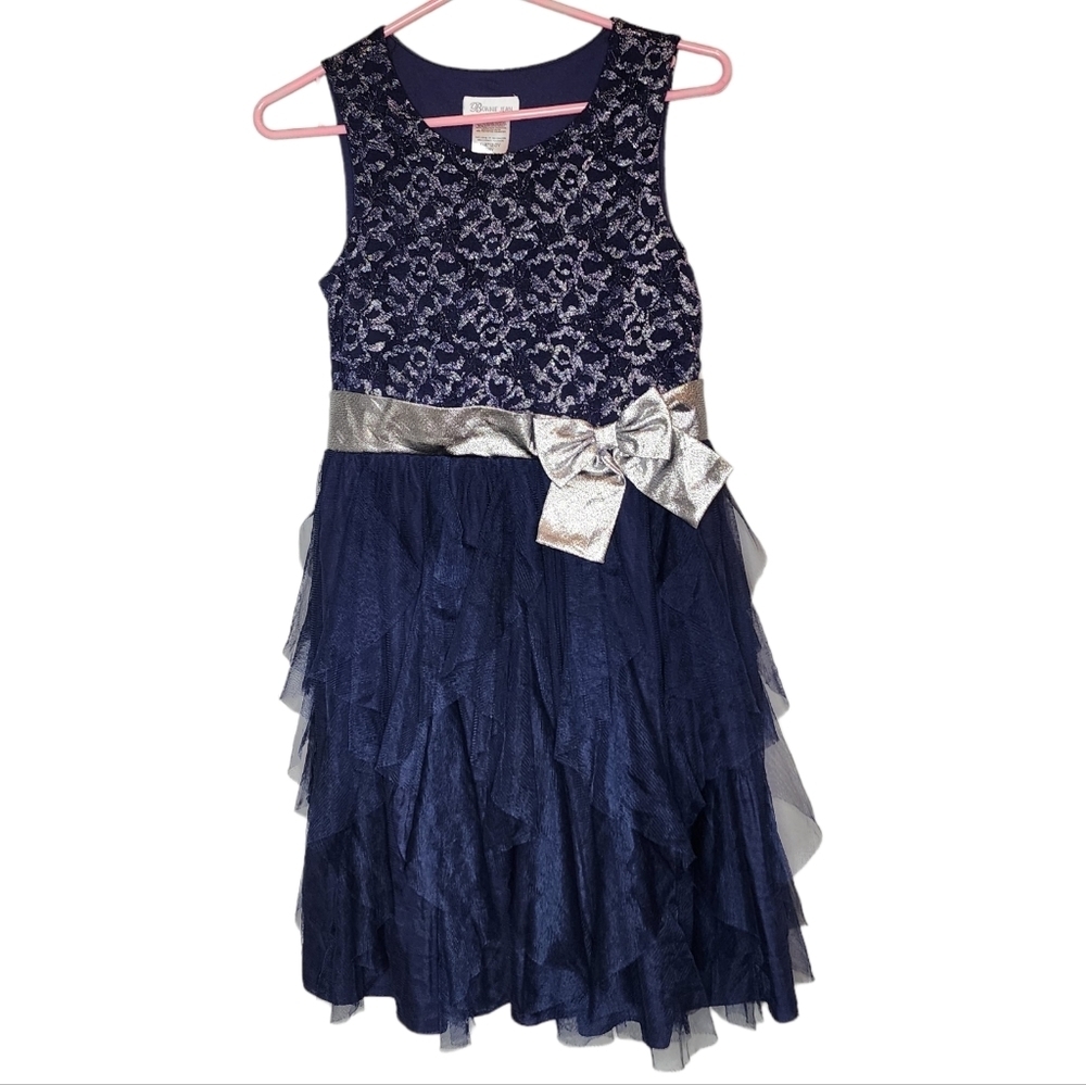 Bonnie‎ Jean Navy Blue Silver Metallic Sparkle Tulle Sleeveless Dress Youth 16